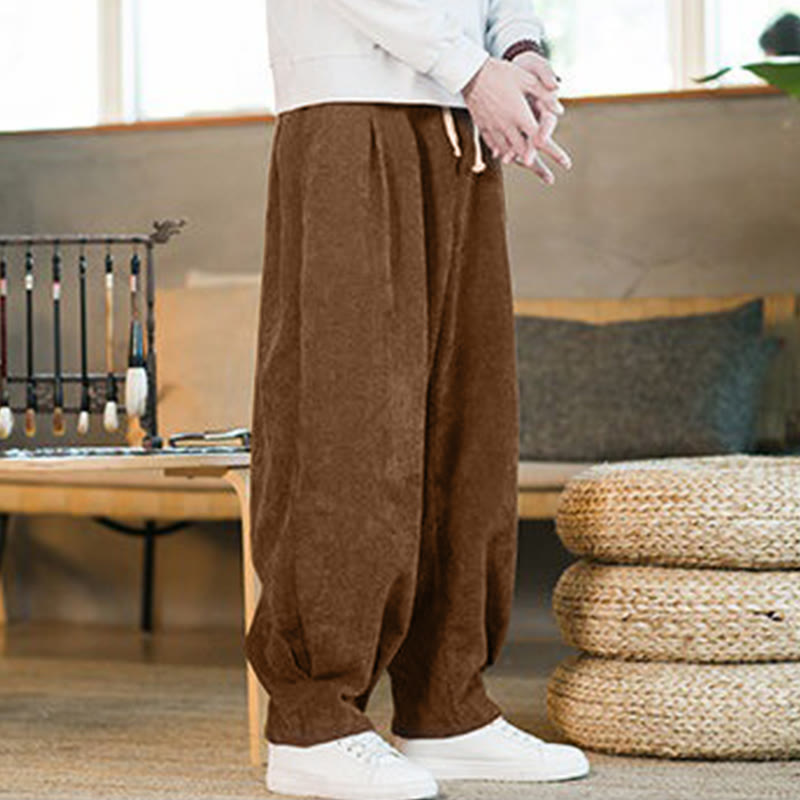 Pantalones harén de pana con forro polar liso y diseño simple para hombre, estilo retro Buddha Stones, con bolsillos - image 8