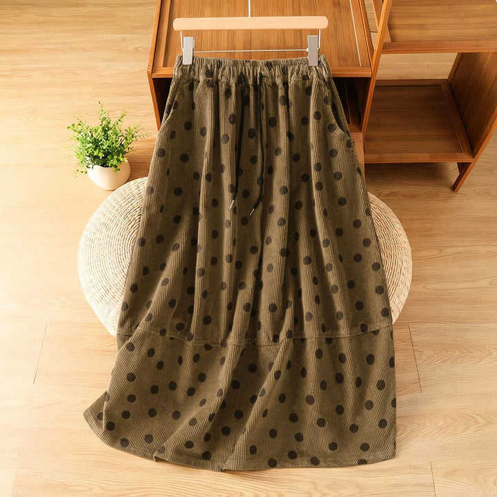 Falda de pana con estampado de lunares de invierno de Buddha Stones para mujer con bolsillos - Vara de oro oscura - US4, UK/AU8, EU36 (F) - image 0