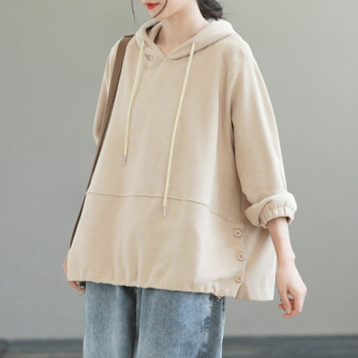 Sudadera con capucha de algodón de manga larga para mujer con Buddha Stones otoñales, botones laterales y color liso - image 1