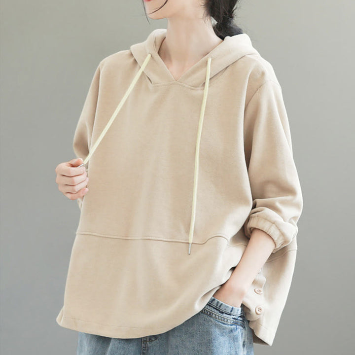 Sudadera con capucha de algodón de manga larga para mujer con Buddha Stones otoñales, botones laterales y color liso - image 2