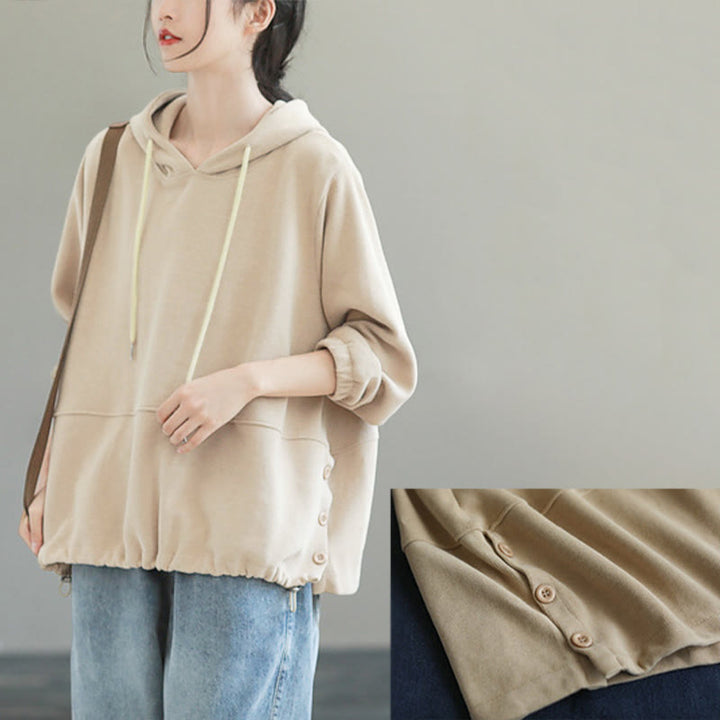 Sudadera con capucha de algodón de manga larga para mujer con Buddha Stones otoñales, botones laterales y color liso - image 6