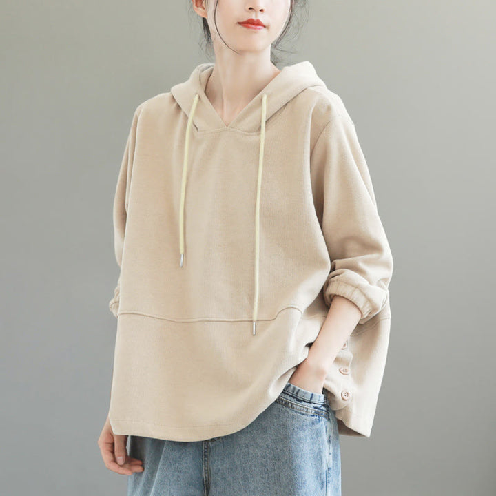 Sudadera con capucha de algodón de manga larga para mujer con Buddha Stones otoñales, botones laterales y color liso - Beige - US8-10，UK/AU12-14，EU40-42 (2XL) - image 0