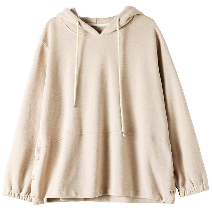 Sudadera con capucha de algodón de manga larga para mujer con Buddha Stones otoñales, botones laterales y color liso - image 9