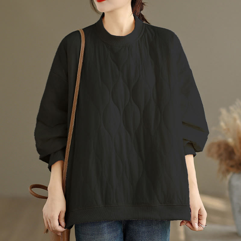 Sudadera de algodón para mujer, de manga larga, cuello redondo y bolsillos, con diseño curvo sólido y Buddha Stones en otoño - image 2