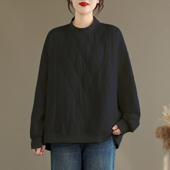 Sudadera de algodón para mujer, de manga larga, cuello redondo y bolsillos, con diseño curvo sólido y Buddha Stones en otoño - Negro - US14，UK/AU18，EU46 (2XL) - image 1