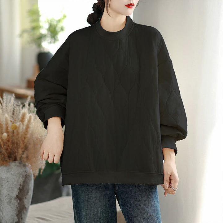 Sudadera de algodón para mujer, de manga larga, cuello redondo y bolsillos, con diseño curvo sólido y Buddha Stones en otoño - image 4