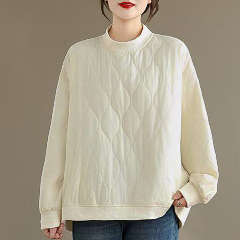 Sudadera de algodón para mujer, de manga larga, cuello redondo y bolsillos, con diseño curvo sólido y Buddha Stones en otoño - Blanco - US14，UK/AU18，EU46 (2XL) - image 5