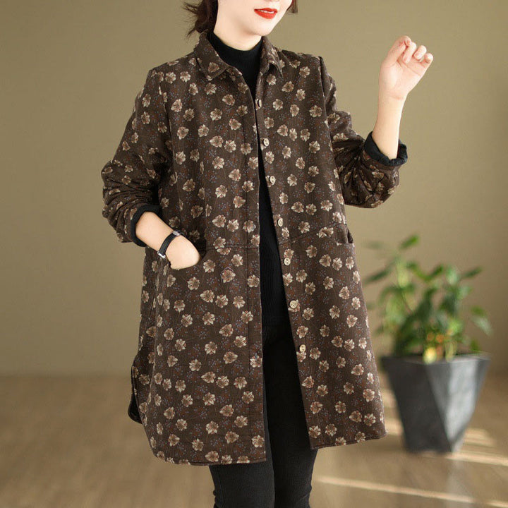 Chaqueta de algodón de manga larga para mujer con bolsillos y botones florales de otoño e invierno con Buddha Stones - Marrón silla de montar - US12, UK/AU16, EU44 (3XL) - image 0