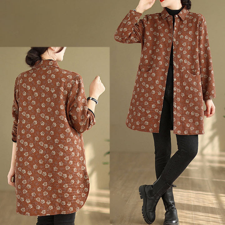 Chaqueta de algodón de manga larga para mujer con bolsillos y botones florales de otoño e invierno con Buddha Stones - image 17
