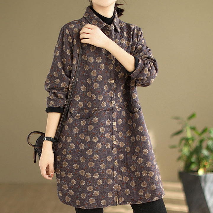 Chaqueta de algodón de manga larga para mujer con bolsillos y botones florales de otoño e invierno con Buddha Stones - image 9