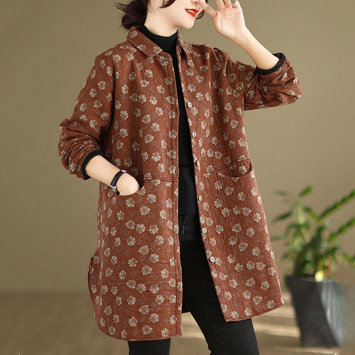 Chaqueta de algodón de manga larga para mujer con bolsillos y botones florales de otoño e invierno con Buddha Stones - image 16