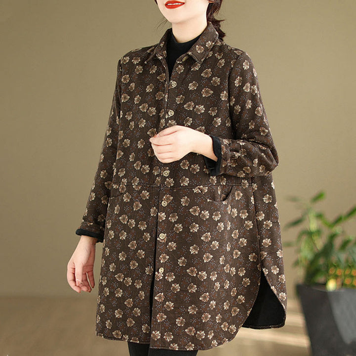 Chaqueta de algodón de manga larga para mujer con bolsillos y botones florales de otoño e invierno con Buddha Stones - image 2