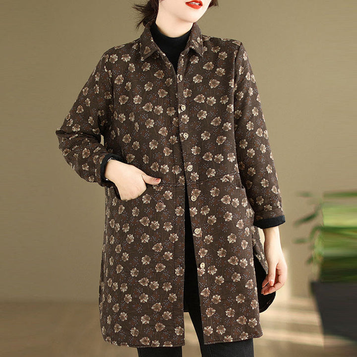 Chaqueta de algodón de manga larga para mujer con bolsillos y botones florales de otoño e invierno con Buddha Stones - image 1