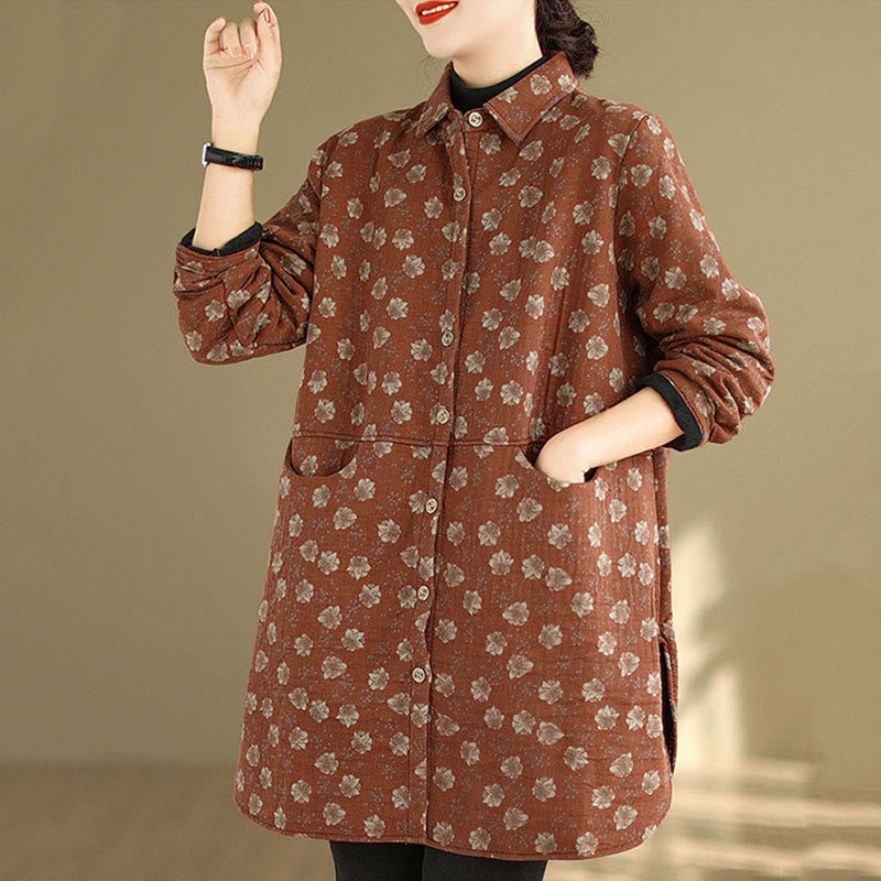 Chaqueta de algodón de manga larga para mujer con bolsillos y botones florales de otoño e invierno con Buddha Stones - image 14