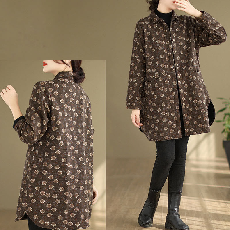 Chaqueta de algodón de manga larga para mujer con bolsillos y botones florales de otoño e invierno con Buddha Stones - image 11