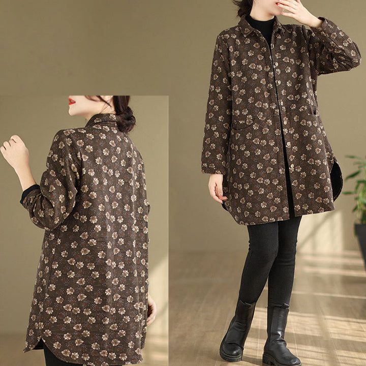 Chaqueta de algodón de manga larga para mujer con bolsillos y botones florales de otoño e invierno con Buddha Stones - image 11