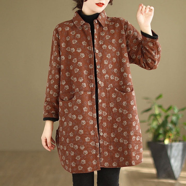Chaqueta de algodón de manga larga para mujer con bolsillos y botones florales de otoño e invierno con Buddha Stones - Tomate - US12, UK/AU16, EU44 (3XL) - image 13