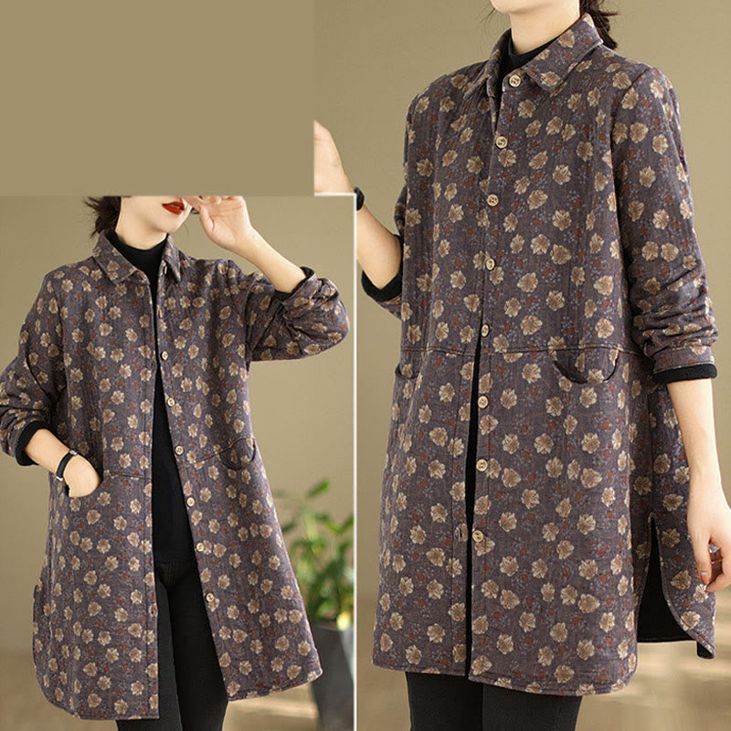 Chaqueta de algodón de manga larga para mujer con bolsillos y botones florales de otoño e invierno con Buddha Stones - image 12