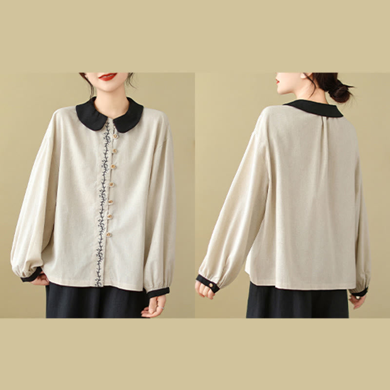 Camisa de algodón de manga larga con cuello Peter Pan para mujer con diseño de botones bordados de primavera y Buddha Stones - image 6