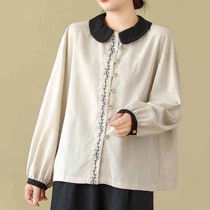 Camisa de algodón de manga larga con cuello Peter Pan para mujer con diseño de botones bordados de primavera y Buddha Stones - image 3