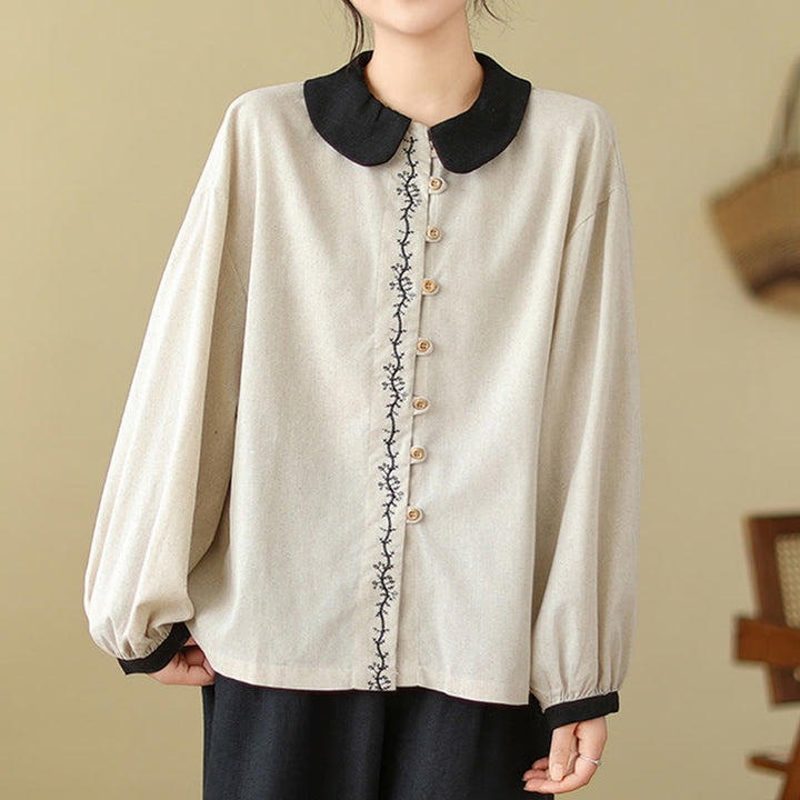 Camisa de algodón de manga larga con cuello Peter Pan para mujer con diseño de botones bordados de primavera y Buddha Stones - image 4