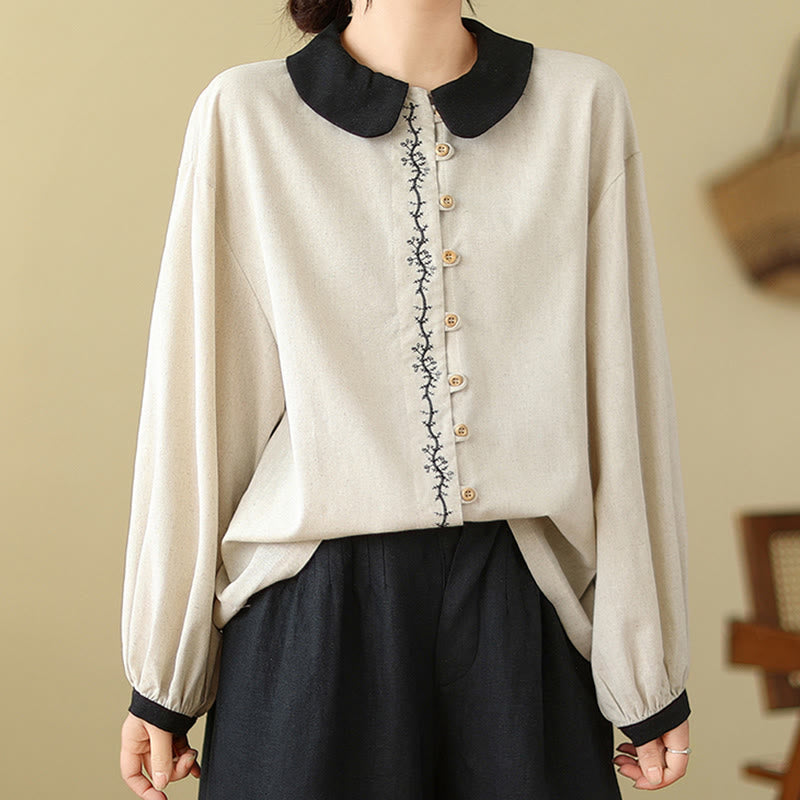 Camisa de algodón de manga larga con cuello Peter Pan para mujer con diseño de botones bordados de primavera y Buddha Stones - image 5