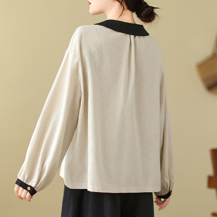 Camisa de algodón de manga larga con cuello Peter Pan para mujer con diseño de botones bordados de primavera y Buddha Stones - image 2