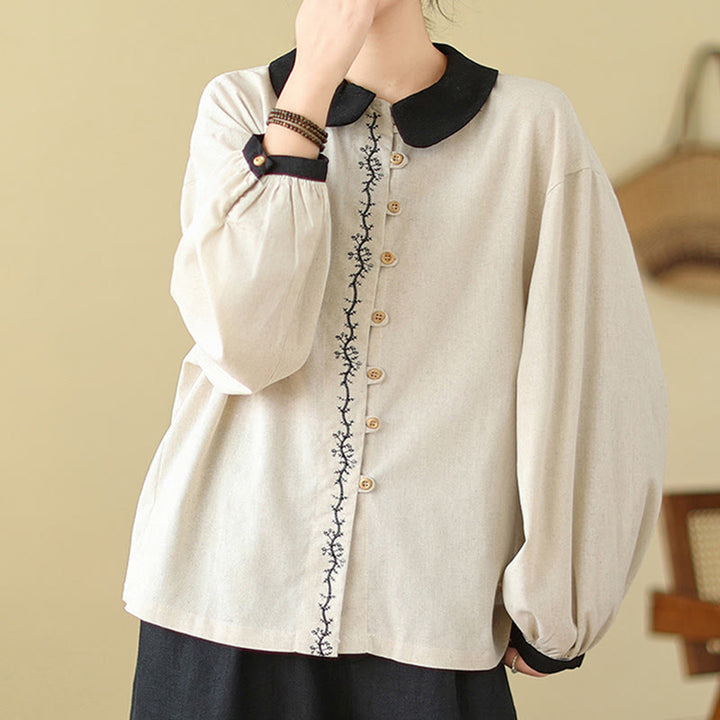 Camisa de algodón de manga larga con cuello Peter Pan para mujer con diseño de botones bordados de primavera y Buddha Stones - image 1