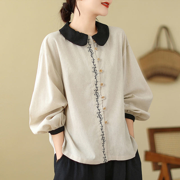 Camisa de algodón de manga larga con cuello Peter Pan para mujer con diseño de botones bordados de primavera y Buddha Stones - Beige - US8-10，UK/AU12-14，EU40-42 (2XL) - image 0