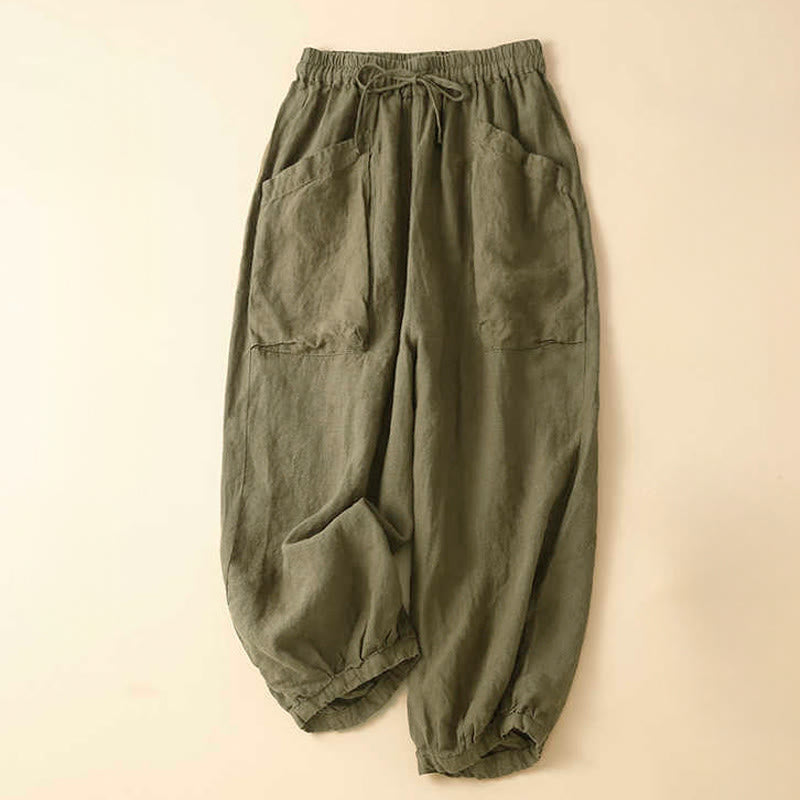 Pantalones capri de algodón estilo harén con bolsillos para mujer Buddha Stones Commute - Verde oliva - US8-10，UK/AU12-14，EU40-42 (2XL) - image 0