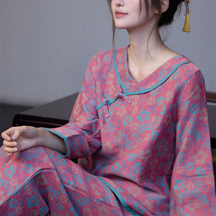 Conjunto de pijama de algodón con estampado floral de Buddha Stones de rana, manga larga, cuello redondo, camisa y pantalones  - image 4