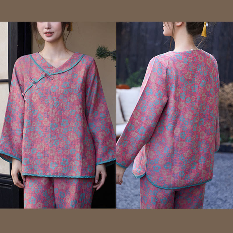Conjunto de pijama de algodón con estampado floral de Buddha Stones de rana, manga larga, cuello redondo, camisa y pantalones  - image 9