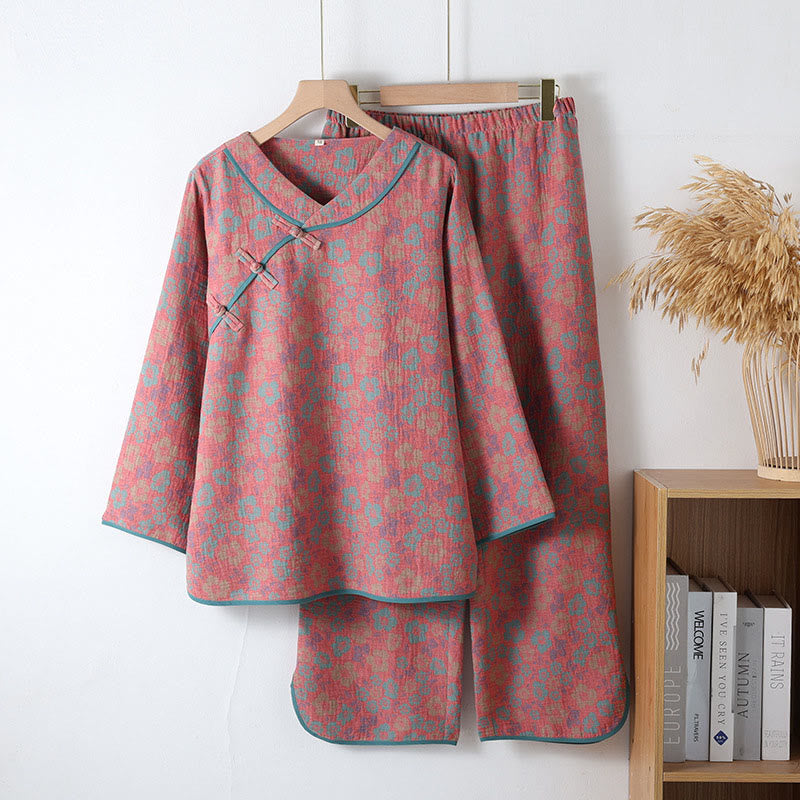 Conjunto de pijama de algodón con estampado floral de Buddha Stones de rana, manga larga, cuello redondo, camisa y pantalones  - Coral claro - US6，UK/AU10，EU38 (XL) - image 1