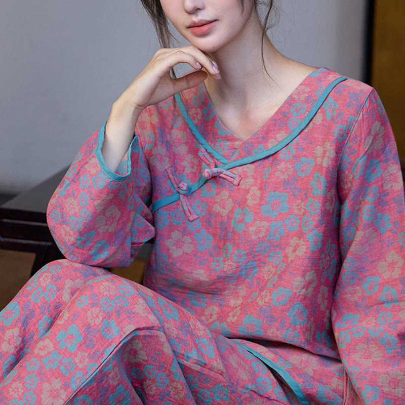 Conjunto de pijama de algodón con estampado floral de Buddha Stones de rana, manga larga, cuello redondo, camisa y pantalones  - image 3