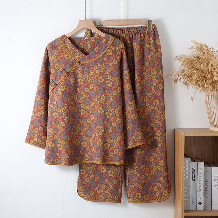 Conjunto de pijama de algodón con estampado floral de Buddha Stones de rana, manga larga, cuello redondo, camisa y pantalones  - Vara de oro - US6，UK/AU10，EU38 (XL) - image 11