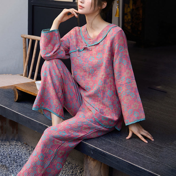 Conjunto de pijama de algodón con estampado floral de Buddha Stones de rana, manga larga, cuello redondo, camisa y pantalones  - image 8