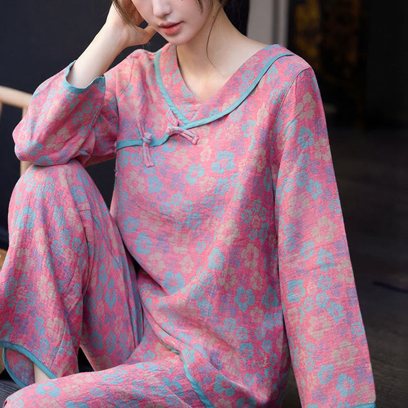 Conjunto de pijama de algodón con estampado floral de Buddha Stones de rana, manga larga, cuello redondo, camisa y pantalones  - image 7