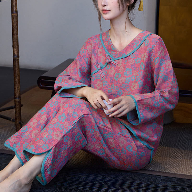 Conjunto de pijama de algodón con estampado floral de Buddha Stones de rana, manga larga, cuello redondo, camisa y pantalones  - image 5