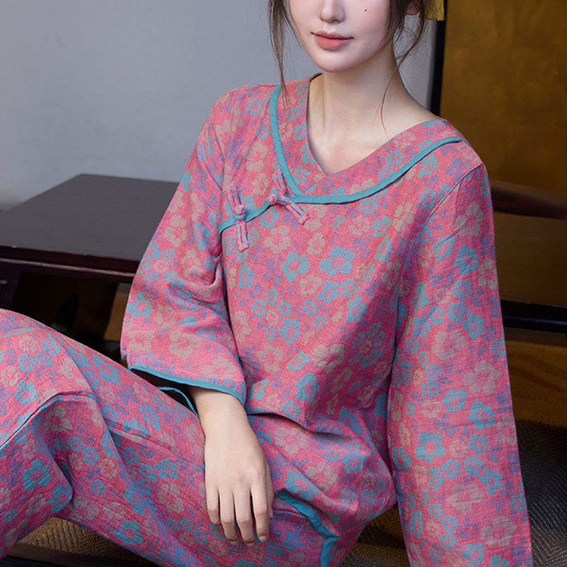 Conjunto de pijama de algodón con estampado floral de Buddha Stones de rana, manga larga, cuello redondo, camisa y pantalones  - image 6