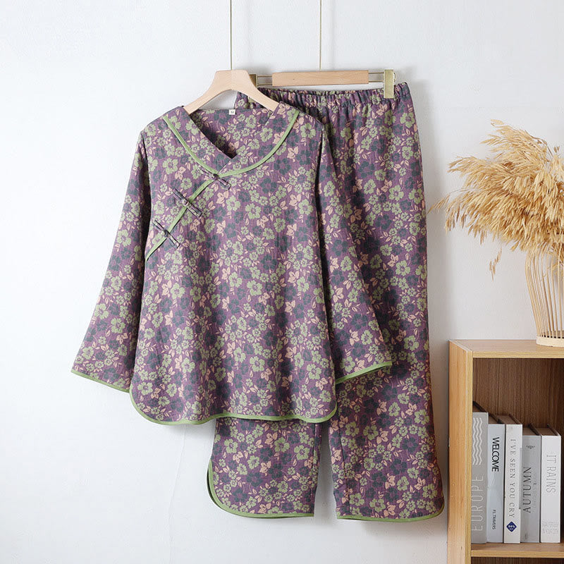 Conjunto de pijama de algodón con estampado floral de Buddha Stones de rana, manga larga, cuello redondo, camisa y pantalones  - Orquídea oscura - US6，UK/AU10，EU38 (XL) - image 0