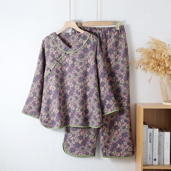 Conjunto de pijama de algodón con estampado floral de Buddha Stones de rana, manga larga, cuello redondo, camisa y pantalones  - Orquídea oscura - US6，UK/AU10，EU38 (XL) - image 0