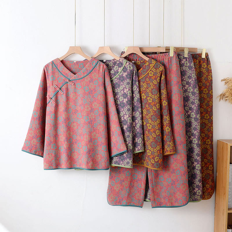 Conjunto de pijama de algodón con estampado floral de Buddha Stones de rana, manga larga, cuello redondo, camisa y pantalones  - image 12