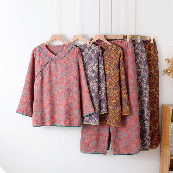 Conjunto de pijama de algodón con estampado floral de Buddha Stones de rana, manga larga, cuello redondo, camisa y pantalones  - image 12