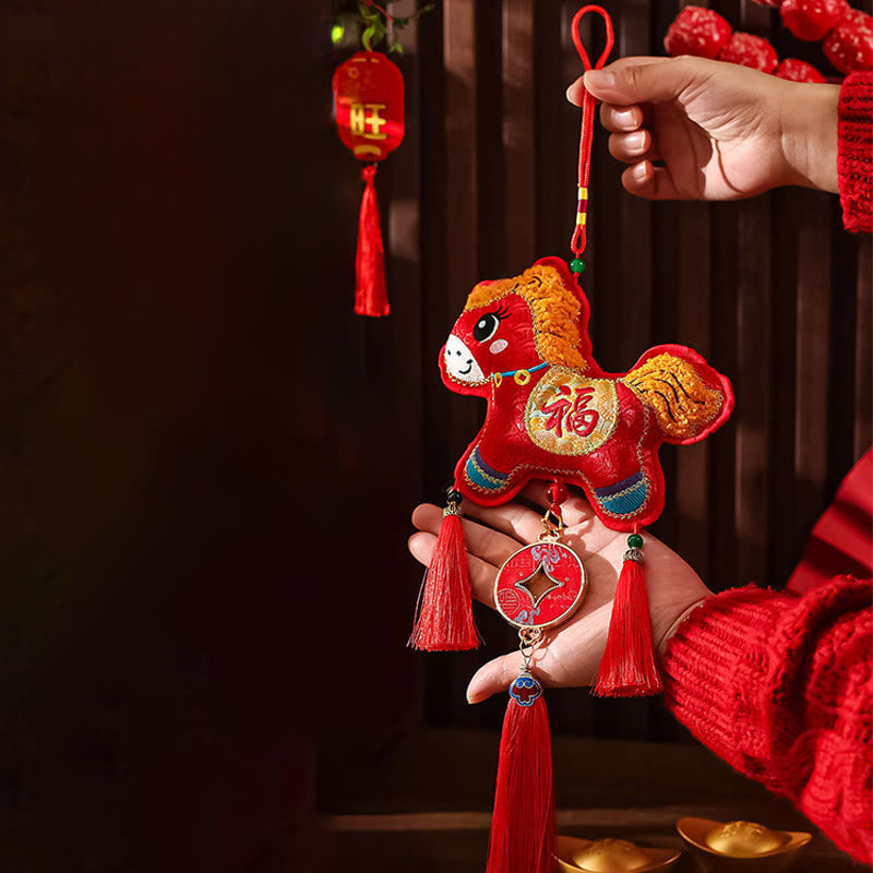Bordado de Buddha Stones con el personaje Fu del Año del Caballo en forma de moneda de cobre con hilo rojo para decoración colgante. - image 1