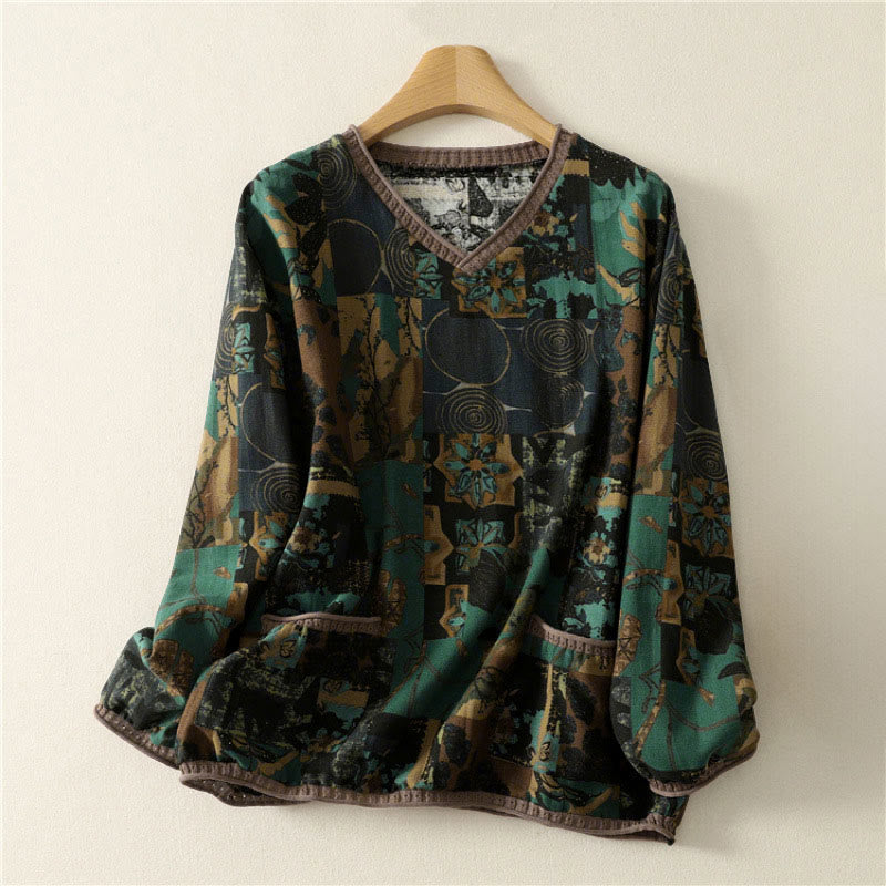 Camiseta de manga larga para mujer con cuello en V y bolsillos, con diseño geométrico de patchwork y Buddha Stones en otoño - Verde mar oscuro - US4-6, UK/AU8-10, EU36-38 (F) - image 8