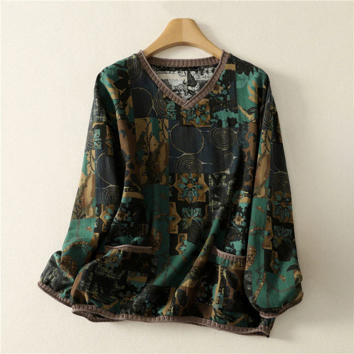 Camiseta de manga larga para mujer con cuello en V y bolsillos, con diseño geométrico de patchwork y Buddha Stones en otoño - Verde mar oscuro - US4-6, UK/AU8-10, EU36-38 (F) - image 8