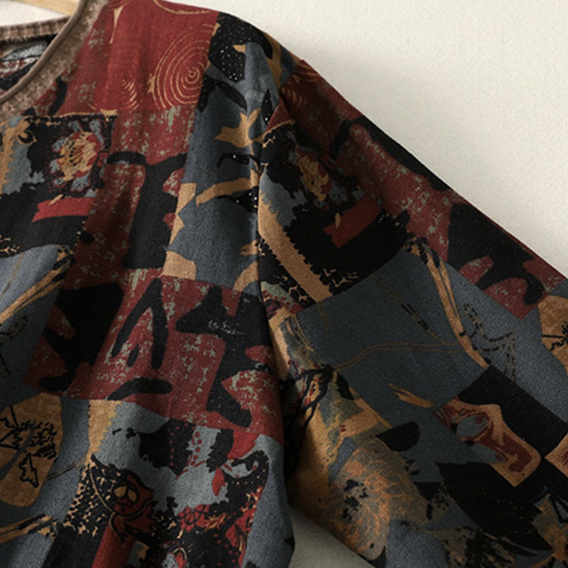 Camiseta de manga larga para mujer con cuello en V y bolsillos, con diseño geométrico de patchwork y Buddha Stones en otoño - image 4