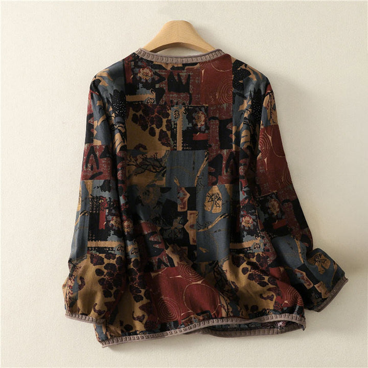 Camiseta de manga larga para mujer con cuello en V y bolsillos, con diseño geométrico de patchwork y Buddha Stones en otoño - image 1