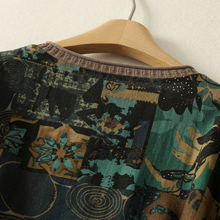 Camiseta de manga larga para mujer con cuello en V y bolsillos, con diseño geométrico de patchwork y Buddha Stones en otoño - image 11