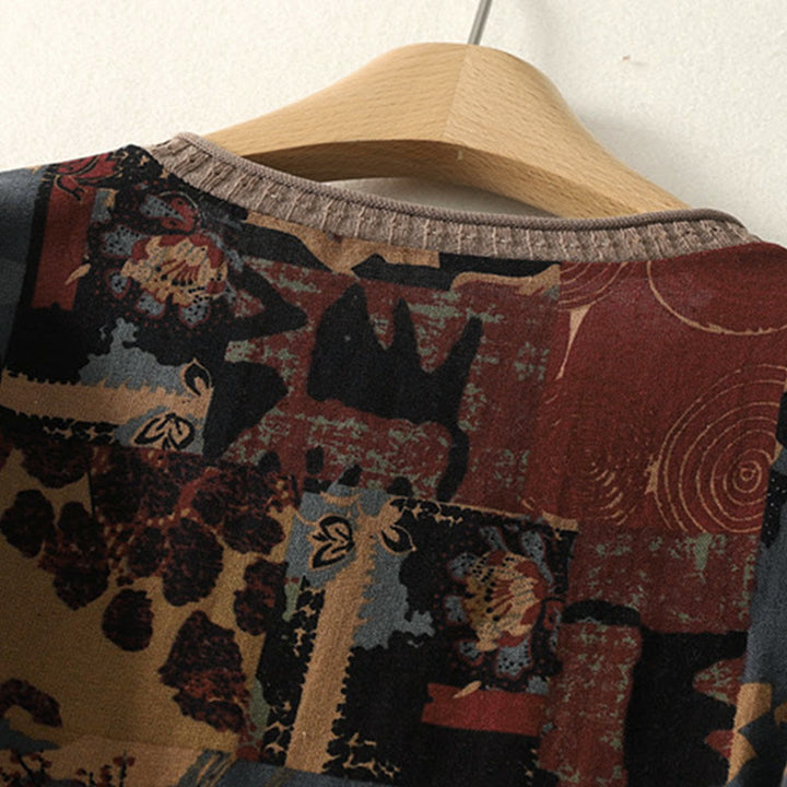 Camiseta de manga larga para mujer con cuello en V y bolsillos, con diseño geométrico de patchwork y Buddha Stones en otoño - image 3